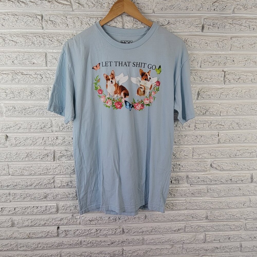 Modern‎ Lux Women's XL T-Shirt Blue Corgi Dogs Angels Graphic Tee Cotton NOV17E
